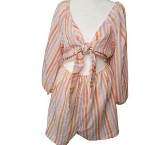 Forever 21 Plus Size Striped Tie Front Cutout Romper Dress Purple Orange Beige‎